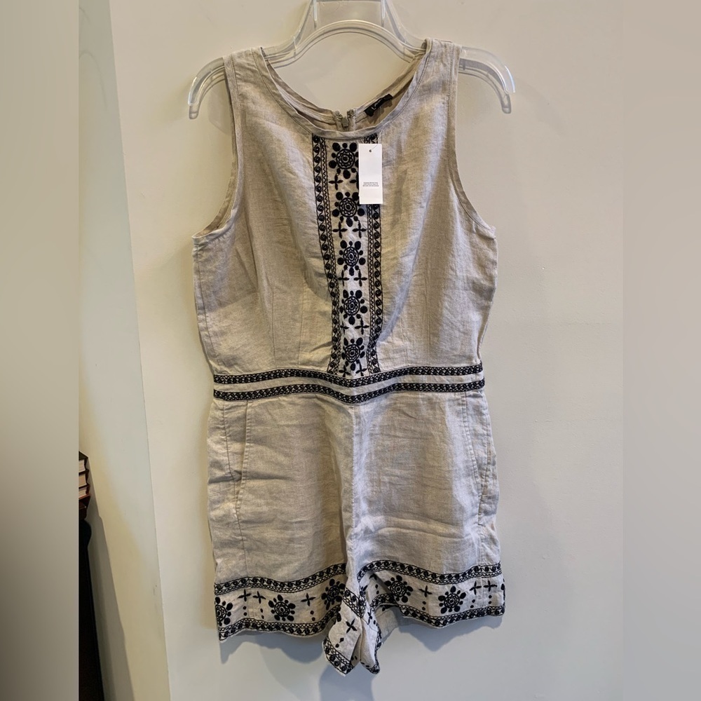 NWT Ann Taylor LOFT 100% Linen Tan Sleeveless Boho Romper Embroidered Size 8